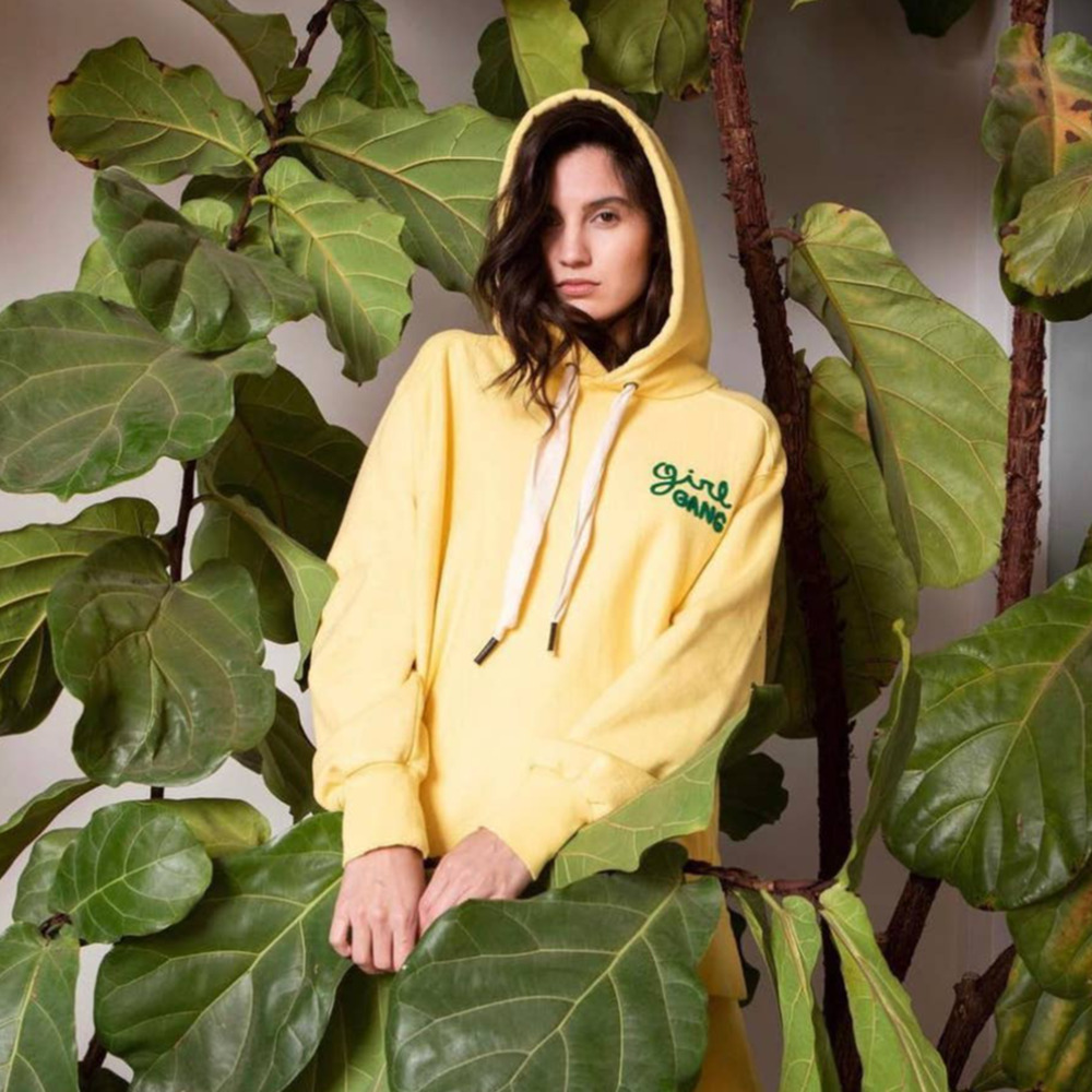 New Sandrine Rose Girl Gang Terry Knit Hoodie Sweatshirt Yellow Women Large NWT